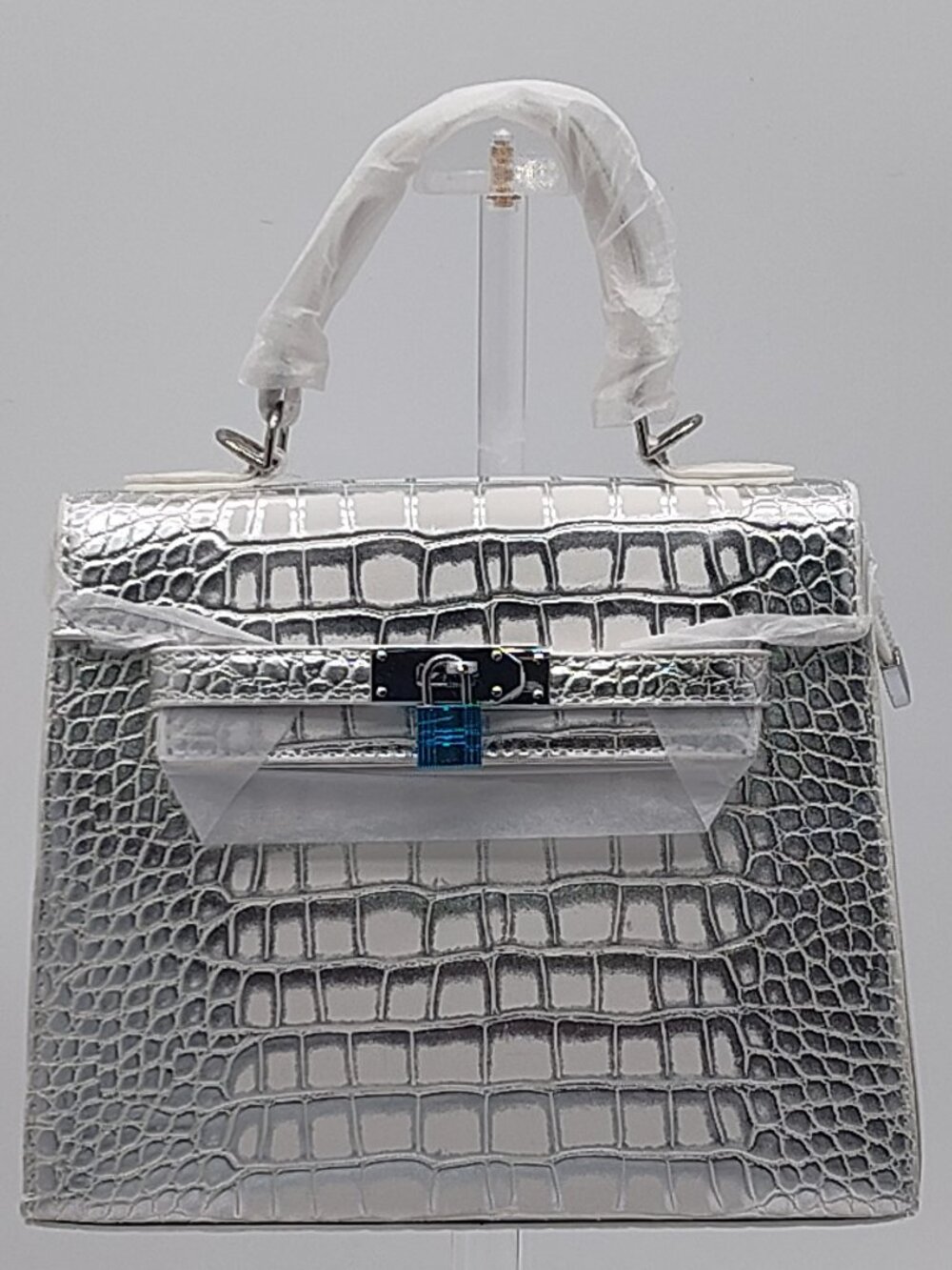 The CrocChain Elegance: Sterling Frost Multi-Tone Crocodile-Embossed Satchel